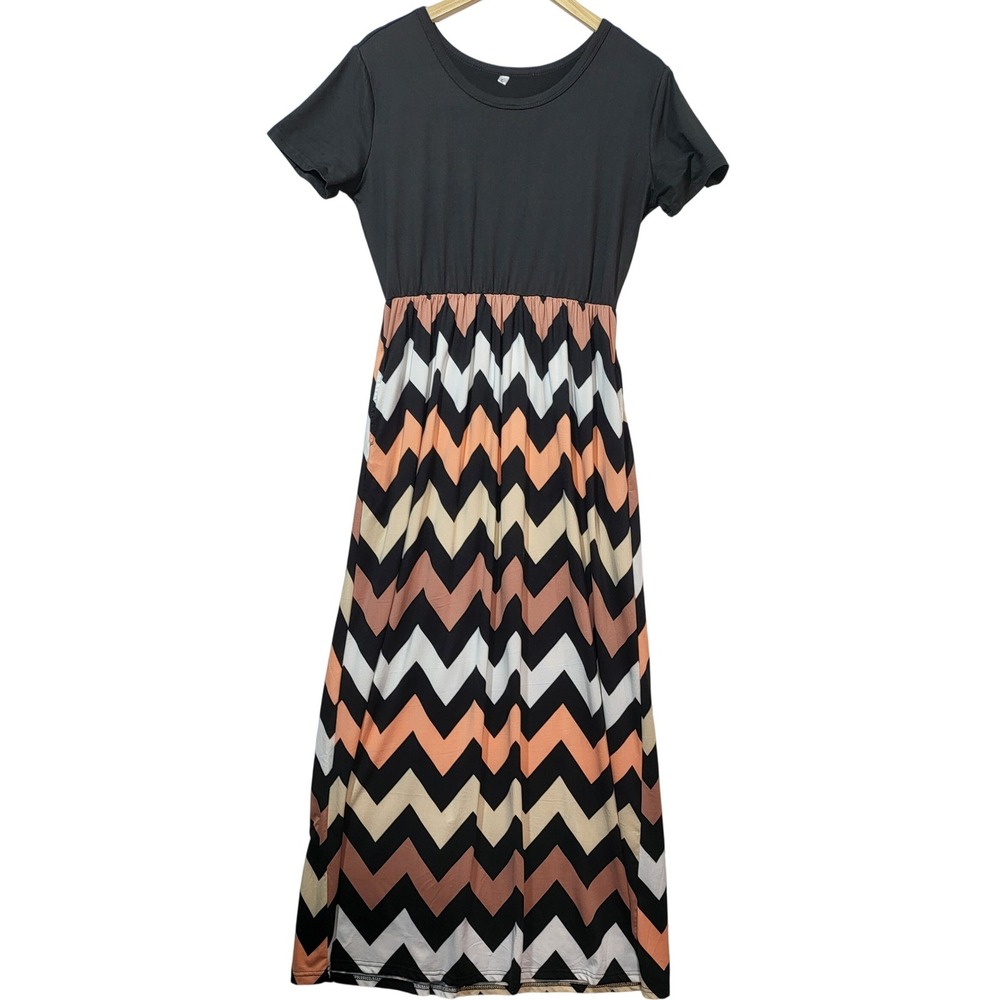 Womens Short Sleeve Chevron Maxi Dress Black Peach Geometric Pockets Size L